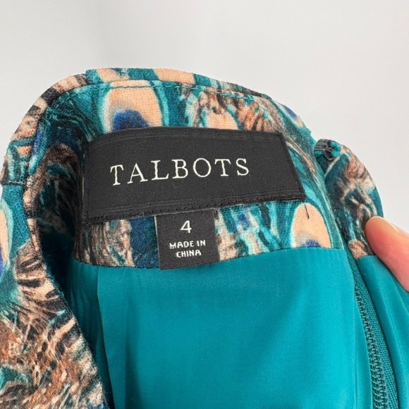 Talbots Pencil Skirt 4 Teal Peacock Feather Print Knee Length Lined Career - Picture 6 of 9